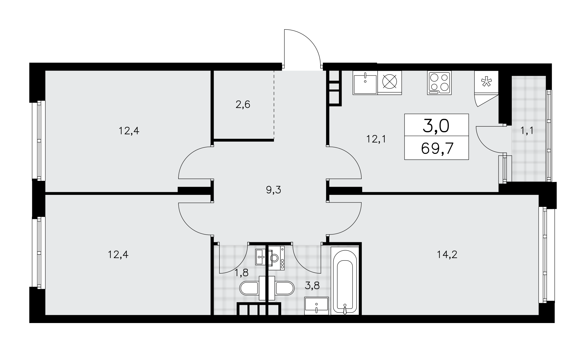 3-комнатная квартира №58К-10.1.1-161, 69,7 м² за 20,51 млн руб. в ЖК «Прокшино» - планировка