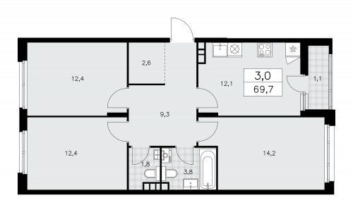 3-комнатная, 69.7 м²