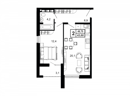 2-комнатная, квартира, 44.7 м²