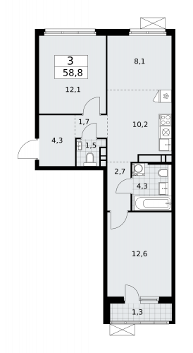 3-комнатная, 58.8 м²