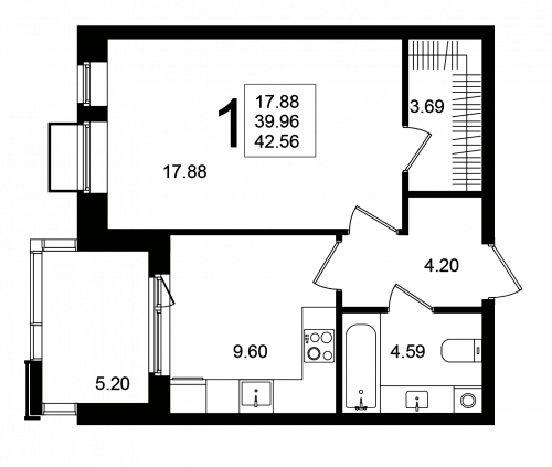 1-комнатная, квартира, 42.56 м²