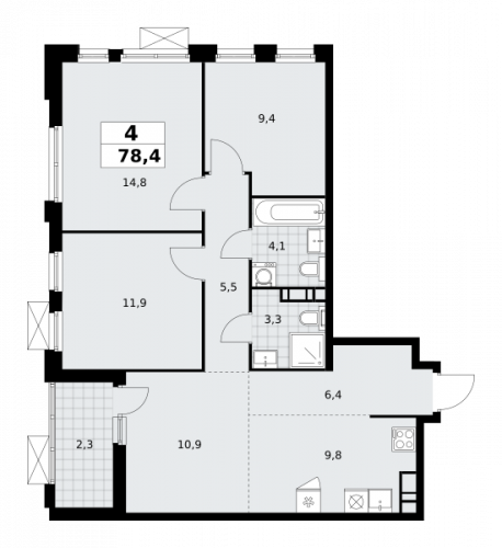 Многокомнатная, 78.4 м²