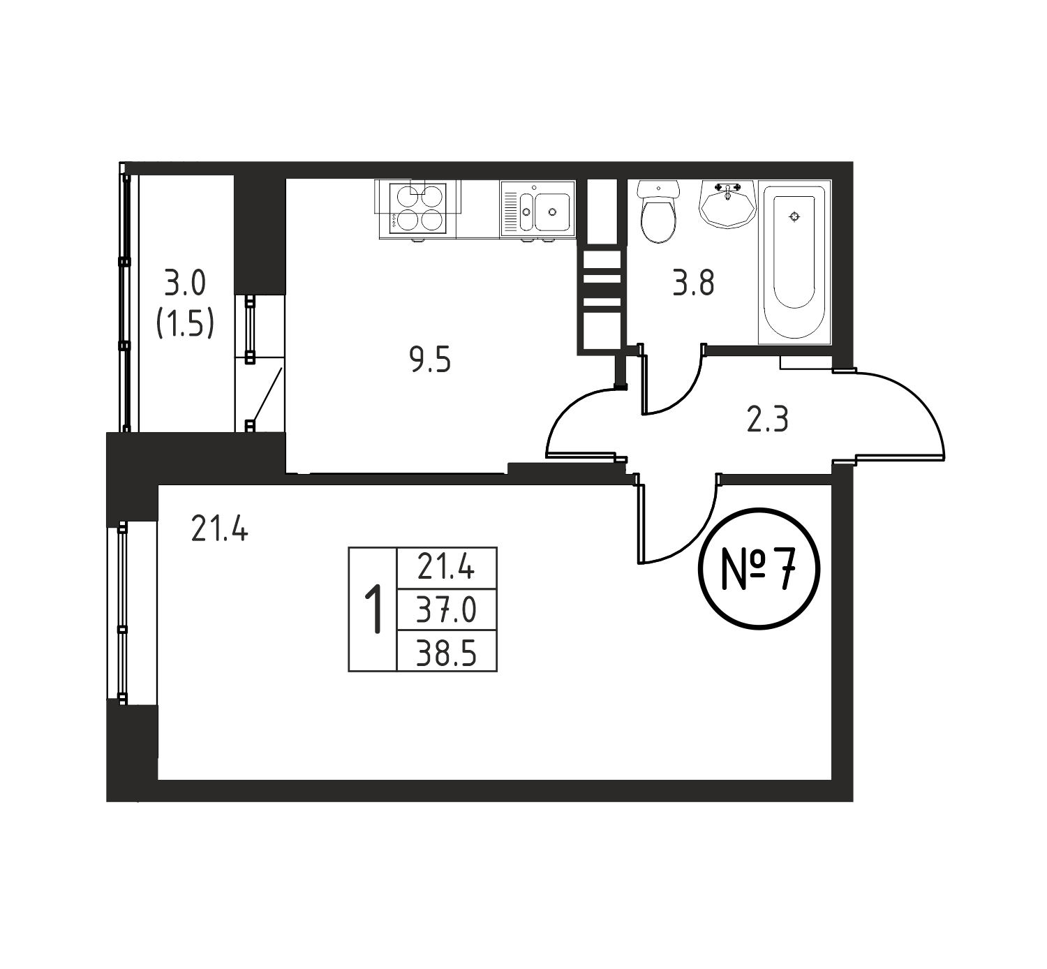 1-комнатная квартира №7, 38,5 м² за 5,74 млн руб. в ЖК «Космос» - планировка