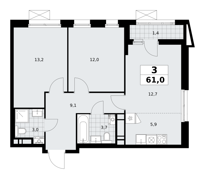 3-комнатная квартира №58К-7.1.1-192, 61,0 м² за 16,88 млн руб. в ЖК «Прокшино» - планировка