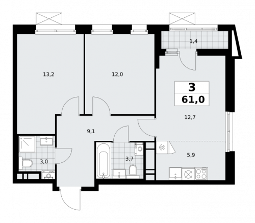 3-комнатная, 61 м²