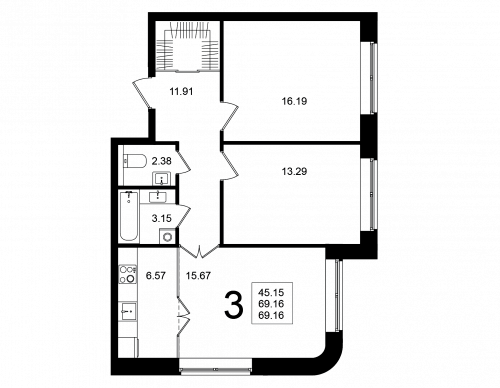3-комнатная, квартира, 69.16 м²