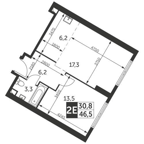 2-комнатная, квартира, 46.5 м²