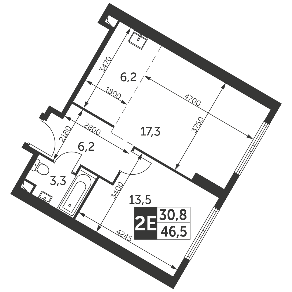 2-комнатная квартира №387, 46,5 м² за 22,76 млн руб. в ЖК «Архитектор» - планировка