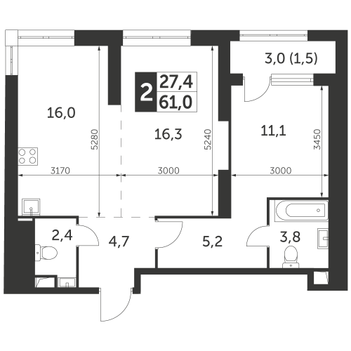 2-комнатная, квартира, 61 м²