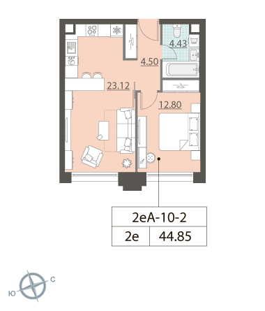 1-комнатная, квартира, 43.89 м²