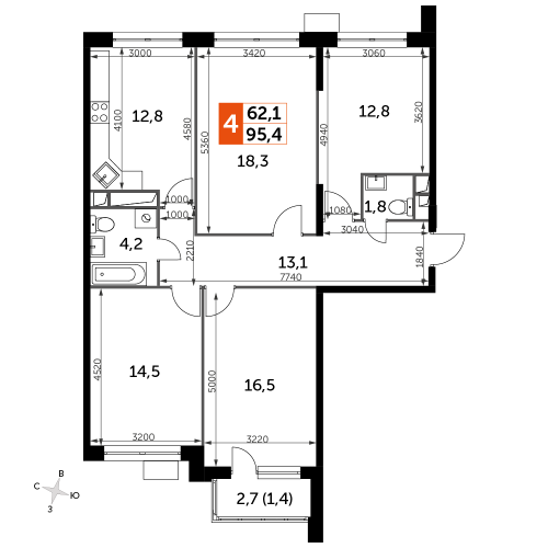Многокомнатная, 95.4 м²