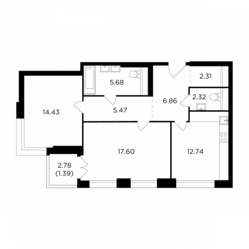 2-комнатная, 68.8 м²