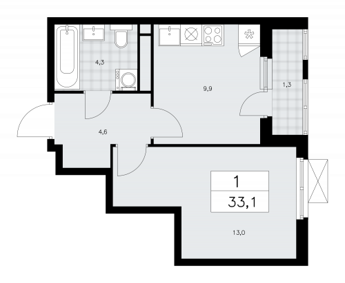 1-комнатная, 33.1 м²