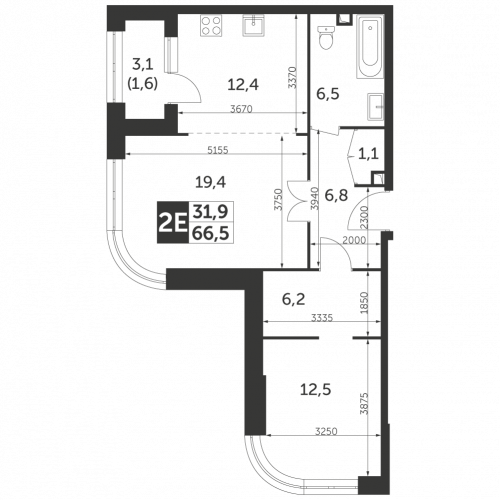 2-комнатная, квартира, 66.5 м²