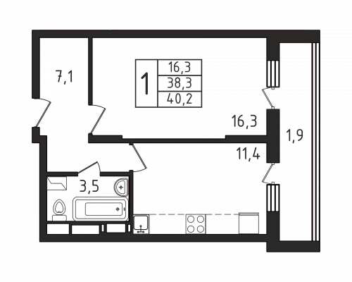1-комнатная, квартира, 40.2 м²