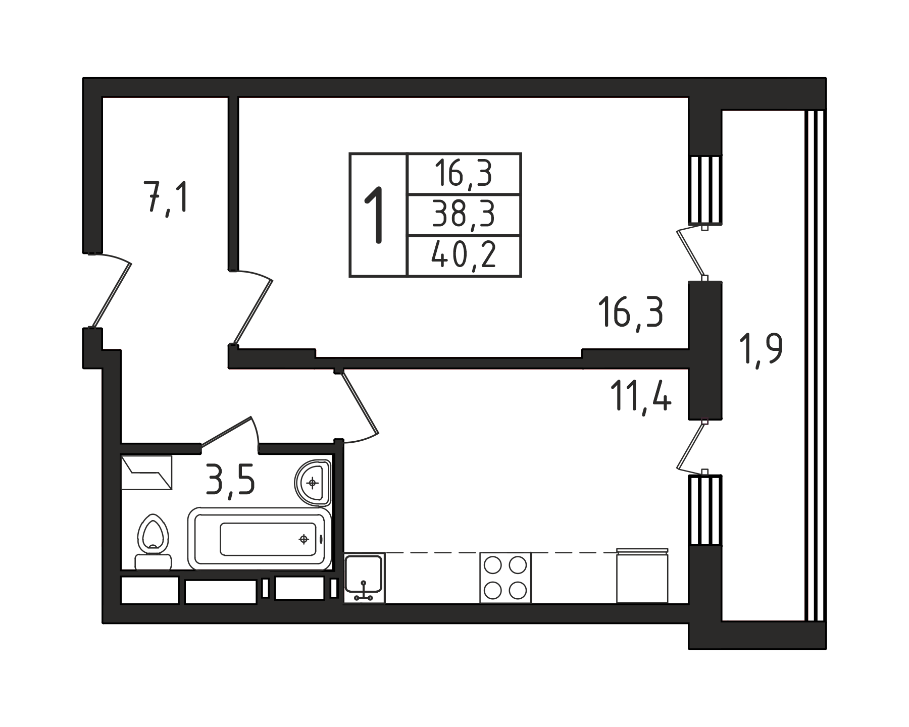 1-комнатная квартира №62, 40,2 м² за 7,21 млн руб. в ЖК «Пироговская Ривьера» - планировка
