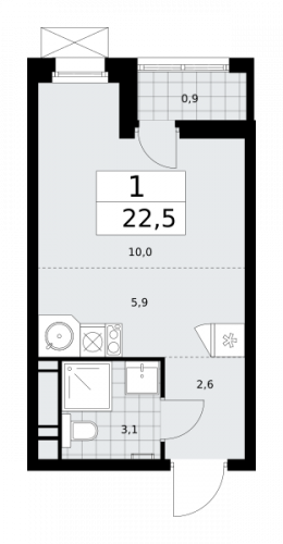 1-комнатная, 22.5 м²
