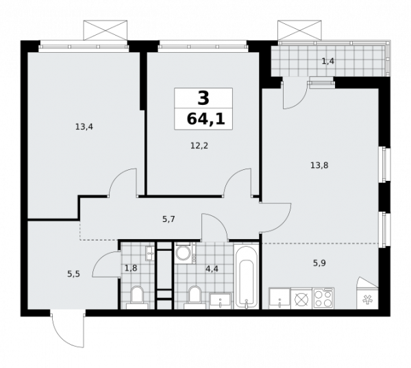 3 комнаты до 64.1