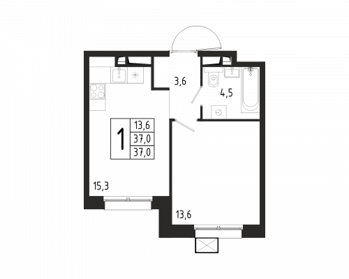 1-комнатная, квартира, 37 м²