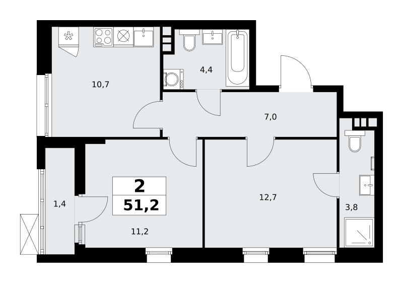 2-комнатная квартира №58К-7.1.1-6, 51,2 м² за 14,16 млн руб. в ЖК «Прокшино» - планировка