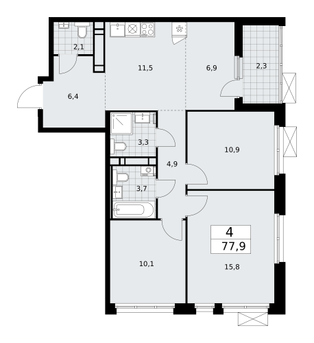 Многокомнатная, 77.9 м²
