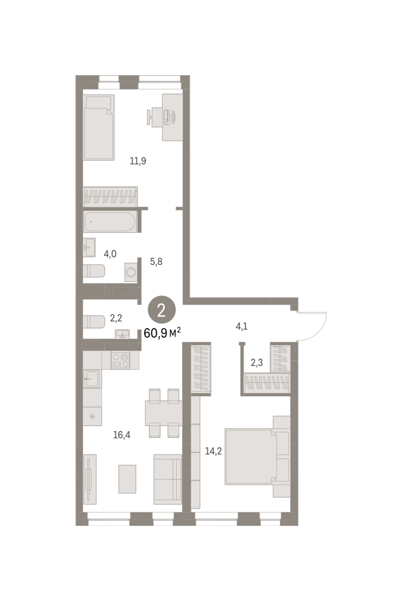 2-комнатная квартира №44, 60,9 м² за 11,40 млн руб. в ЖК «Первый квартал» - планировка