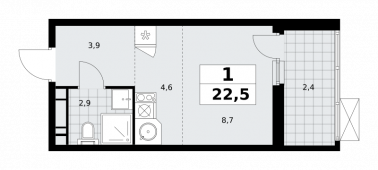 1-комнатная квартира 22,5 м²