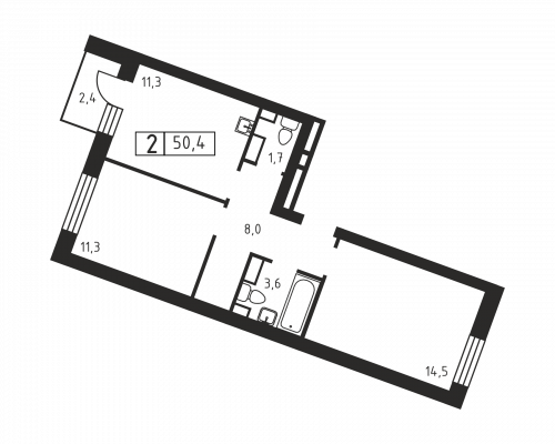 2-комнатная, 50.4 м²