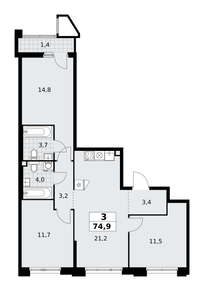 3-комнатная квартира №58К-7.1.1-126, 74,9 м² за 17,54 млн руб. в ЖК «Прокшино» - планировка