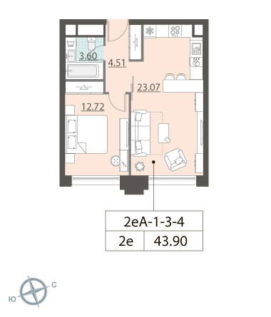 1-комнатная, квартира, 43.9 м²