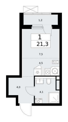 1-комнатная, 21.3 м²