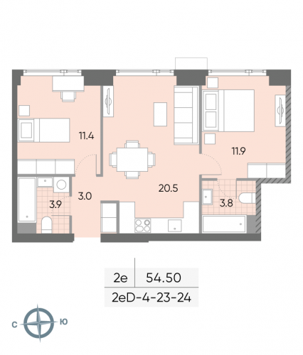 2-комнатная, квартира, 54.5 м²