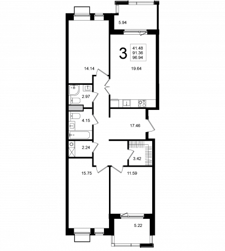 3-комнатная, квартира, 96.94 м²