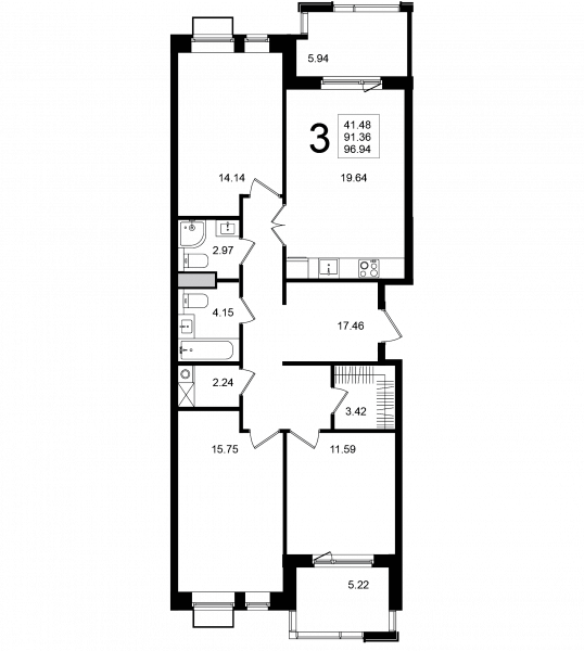 3 комнаты до 96.94
