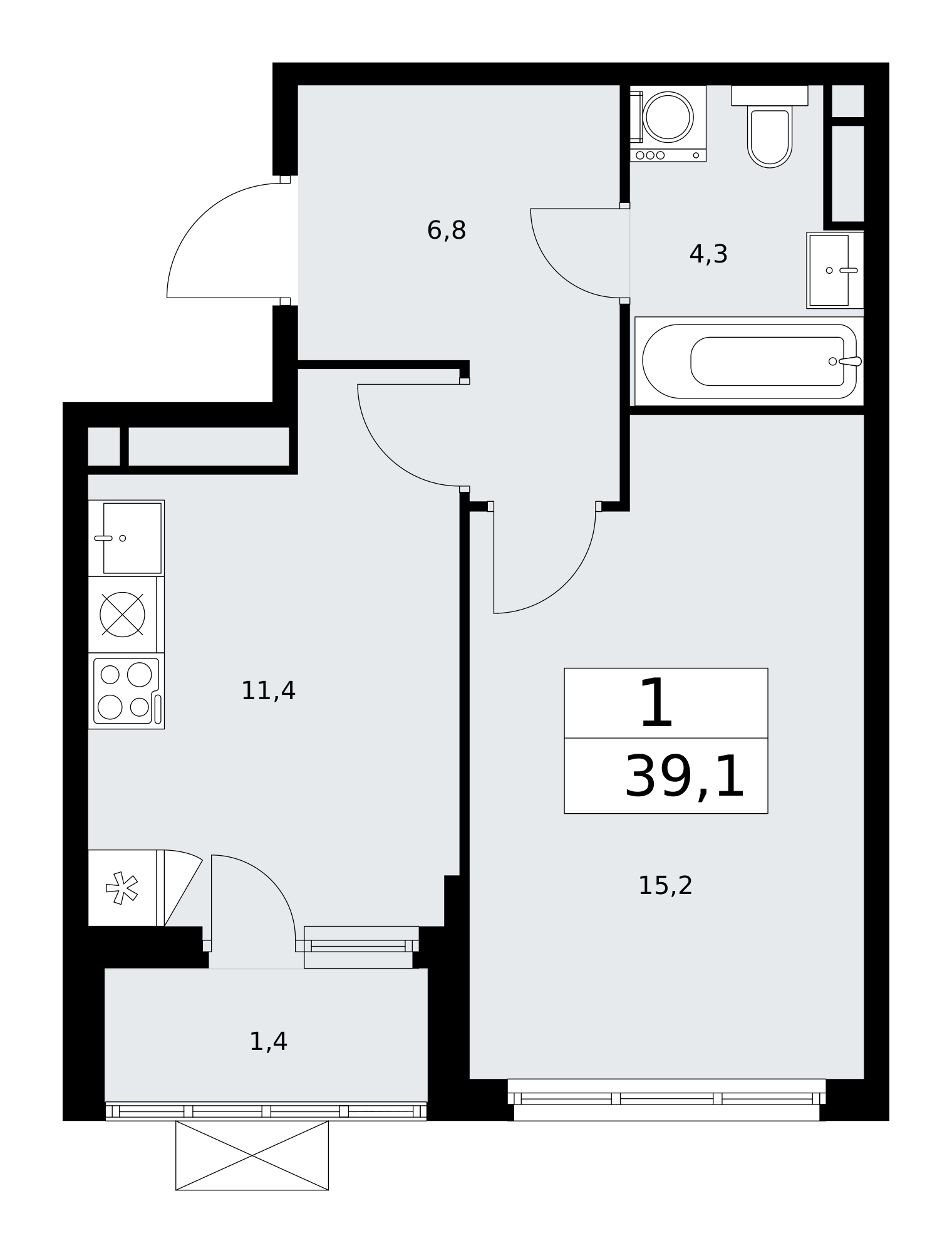 1-комнатная квартира №58К-11.2.2-398, 39,1 м² за 11,18 млн руб. в ЖК «Прокшино» - планировка