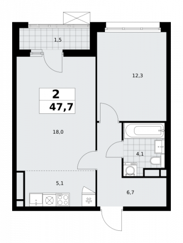 2-комнатная, 47.7 м²