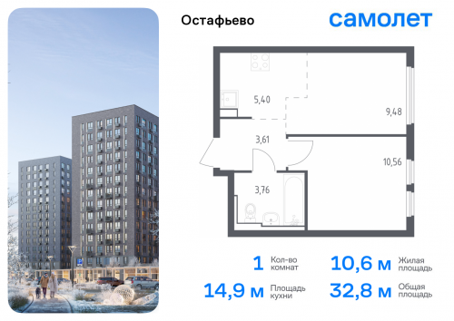 1-комнатная, 32.81 м²