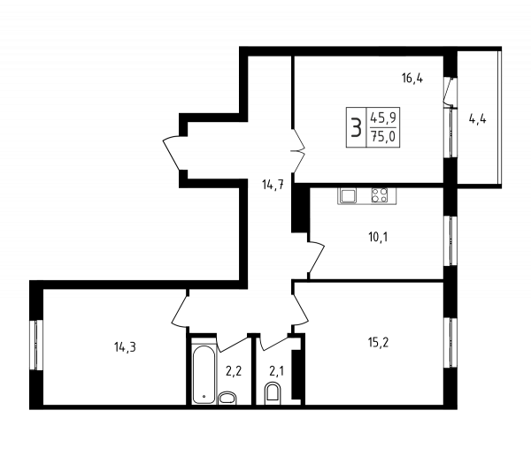 3 комнаты до 75