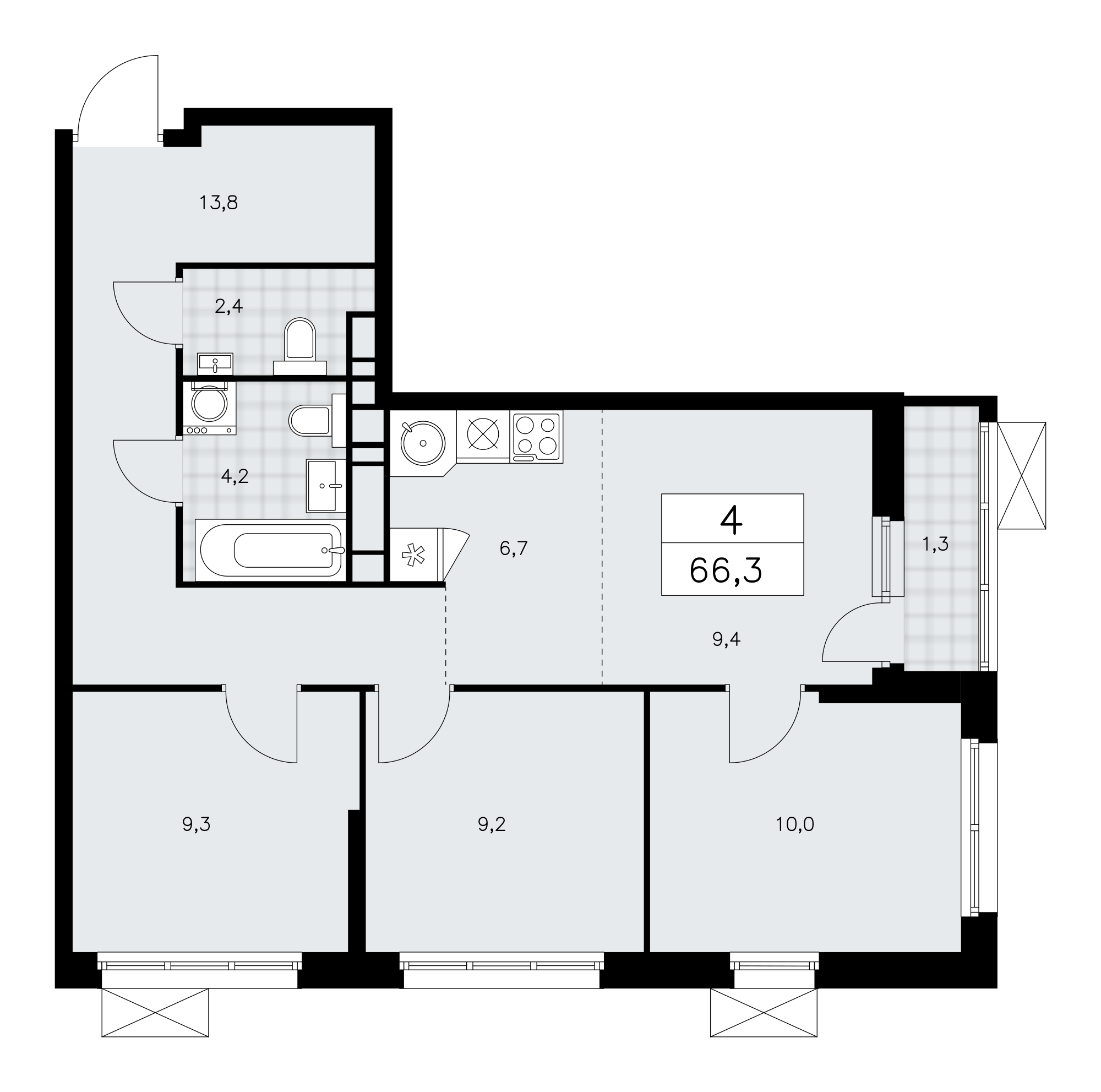 4-комнатная квартира №24К-37.2.3-497, 66,3 м² за 16,90 млн руб. в ЖК «Скандинавия» - планировка