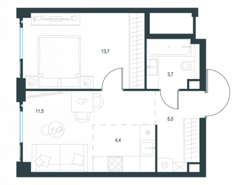 2-комнатная, 38.3 м²