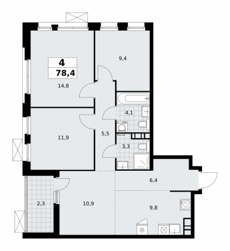 Многокомнатная, 78.4 м²