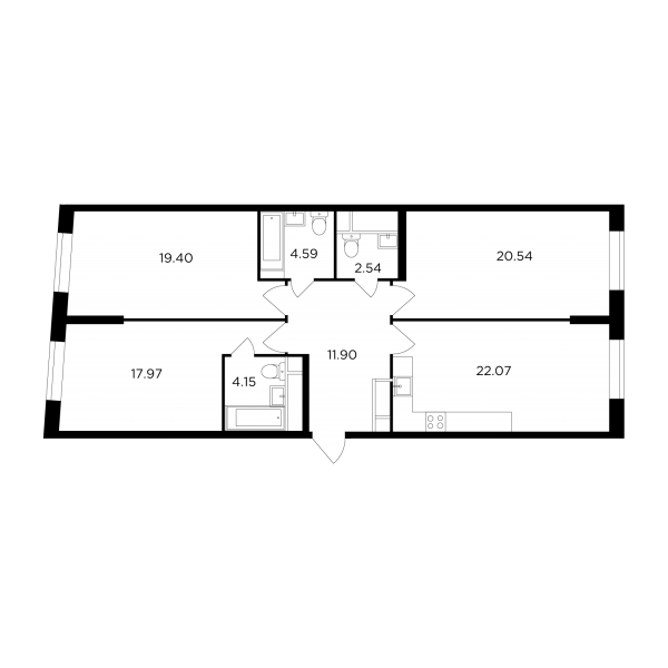 3-комнатная квартира №986, 103,2 м² за 34,38 млн руб. в ЖК «КутузовGRAD II» - планировка