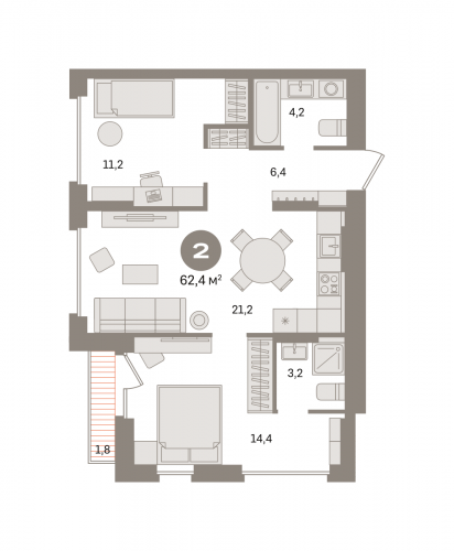 2-комнатная, квартира, 62.44 м²