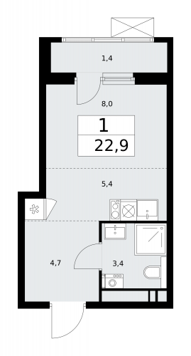 1-комнатная, 22.9 м²