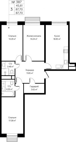 3-комнатная, 87.7 м²