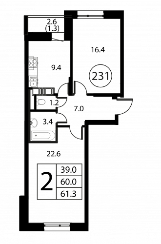2-комнатная, квартира, 61.3 м²