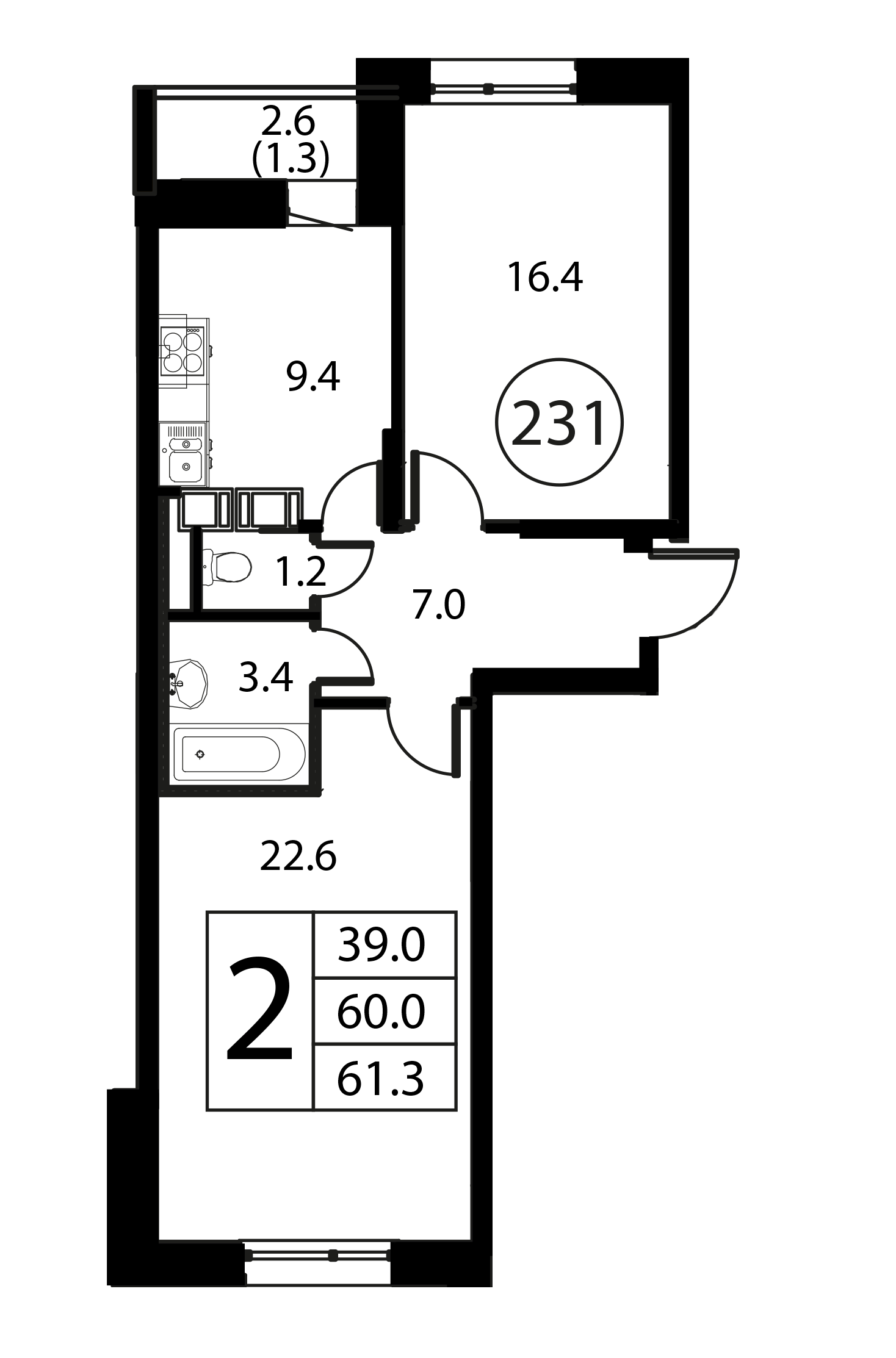 2-комнатная квартира №231, 61,3 м² за 9,99 млн руб. в ЖК «Космос» - планировка