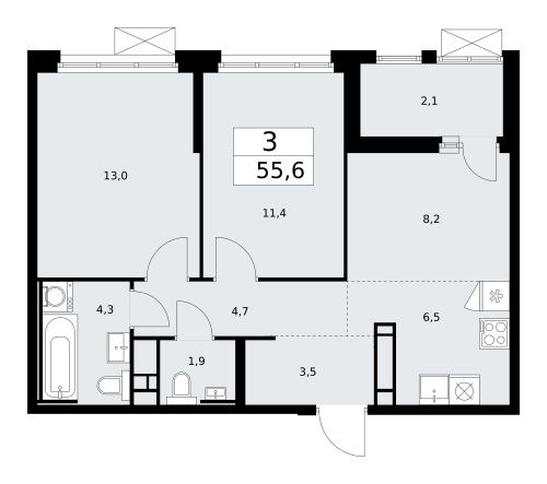 3-комнатная, 55.6 м²