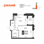 1-комнатная квартира 36,6 м²