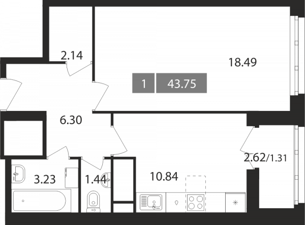 1 комната до 43.75